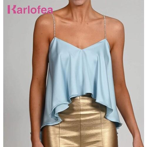 Karlofea New Sexy Diamate Loose Camis Top For Summer 2021 Women Street Wear Lovely Ruffles Backless Clothing y2k Blue Crop Tops