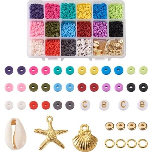 15Colors 4mm Polymer Clay Beads Set Flat Round With Shell Beads Starfish Pendants for Bracelets Jewelry Making