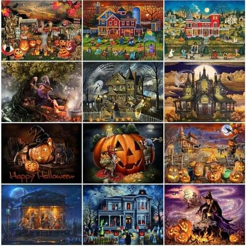 5D Diy Full Square Round Halloween Diamond Embroidery Pumpkin Pattern Mosaic Cross Stitch Kit Festival Gift Home Wall Decoration