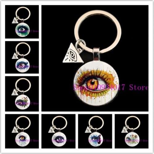 Creative new beauty art eyes butterfly round glass keychain goldfish female colored eyes round glass keychain girl keychain