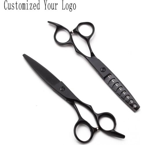 6 inch 17cm JP 440C Customized Logo Black Hairdressing Scissors Cutting Scissors Thinning Shears Willow Leaf Shape Hair Shear