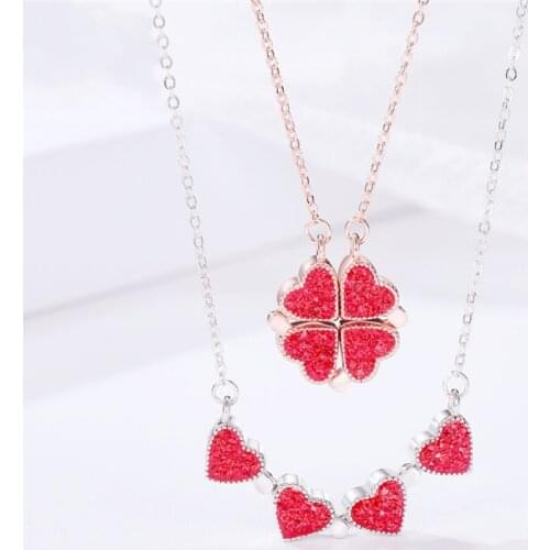 Sole Memory Foldable Magnetic Button Sweet Romance Diamond Heart Four Leaf Clover 925 Sterling Silver Female Necklace SNE609