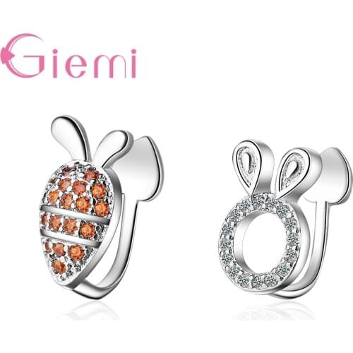 Simple Lovely 925 Sterling Silver Rabbit Carrot Clip on Ear Non Pierced Asymmetric Crystal Earrings Clips For Women Girl Gift