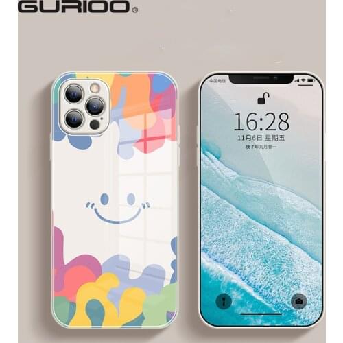 Anti-knock Liquid Silicone Tempered Glass Phone Case For iPhone 12 Mini 11 Pro Max X XR XS SE 2020 7 8 Plus Flower Smiley Cover