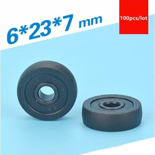 100pcs circular arc Plastic coated bearing 626RS 626 6*23*7mm low noise guide wheel black POM nylon wrapped roller wheel