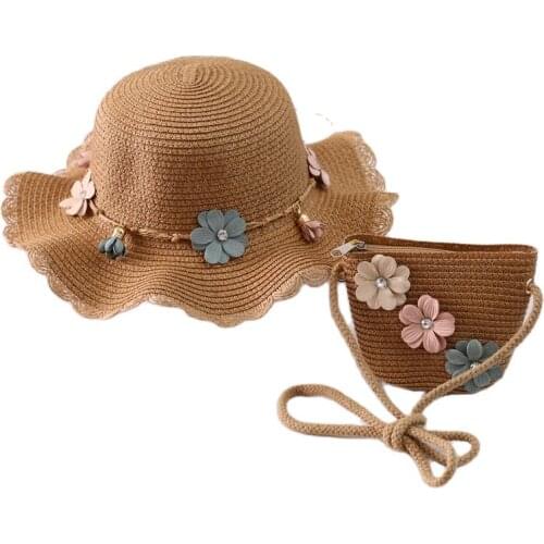 XEONGKVI Rural Style Flounce Ribbon Flower Parent-child Sun Hat Bag Suit Summer Brand Beach Wide Brim Straw Hats For Women Girl