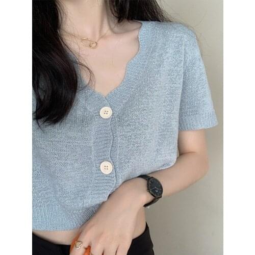 Wavy Edge V-Neck Knitting Cardigan Crop Single Breasted Ms Will Firm Offers Brief Paragraph Summer Small Top Loose-Fitting Femal