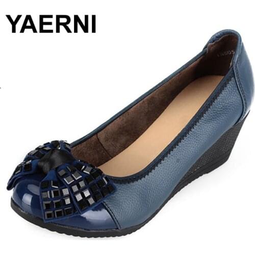 YAERNI 2017 autumn new women fashion genuine leather wedge single shoes Women Work Shoes free shipping
