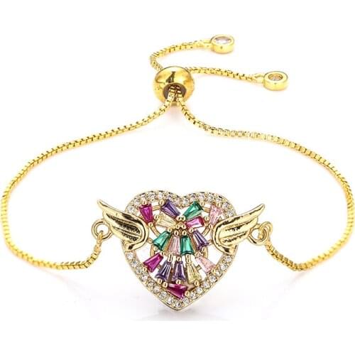 Fashion womens rainbow bracelets jewelry gold cz colorful zircon heart bracelet bangle adjustable chain bracelet for women