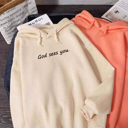 2020 Winter Sweatshirts for Women Harajuku God Sees You Letter Print Hoodies Kpop Style Pullover Oversized Hoodie Female Tops