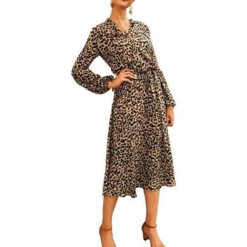 Ladies Leopard Print Dress Women Sexy A-Line Beach Dresses Female Bandage Long Sleeve Bohemian Midi Summer Woman Dress Vestidos