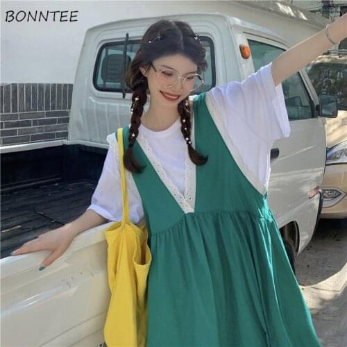 Dress Women Green Plus Size Summer Thin Cute Japanese Loose Backless V-neck Aesthetic College All-match Fashion Tender Harajuku