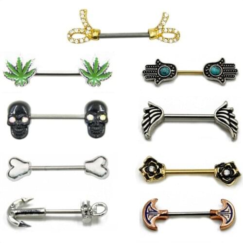 Pair 316l Surgical Steel Nipple Bars Piercing Anchor Hamsa Hand Rose Flower Shape Nipple Barbell Ring Body Jewelry 14g