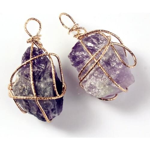 100-Unique 1 Pcs Rose Gold Color Irregular Shape Natural Purple Amethysts Stone Wire Wrapped Pendant