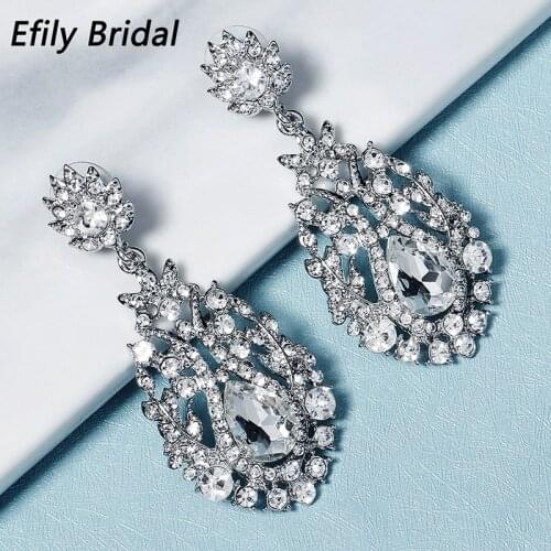 Efily Fashion Rhinestone Earrings for Women Accessories Luxury Silver Color Long Crystal Water Drop Earring Party Jewelry Gifts