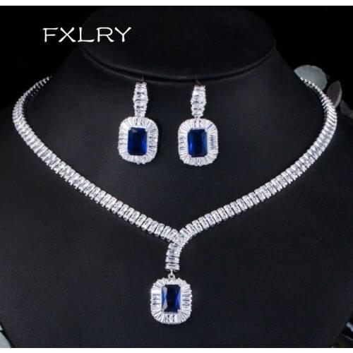 FXLRY Elegant Square Drop Dark Blue AAA Zircon Necklace And Earrings Jewelry Set For For Women Jewelry
