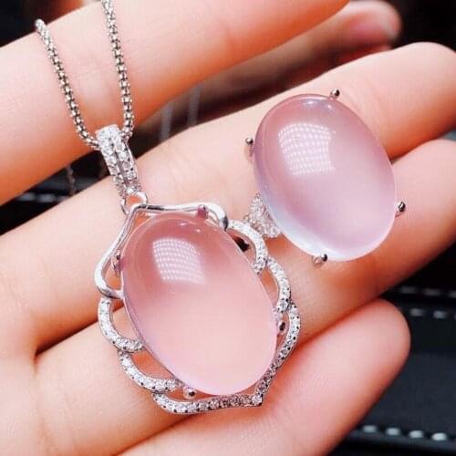 Per jewelry Natural real rose quartz oval style jewelry set 1pc 7.5ct ring 1pc 11ct pendant 925 sterling silver J20472