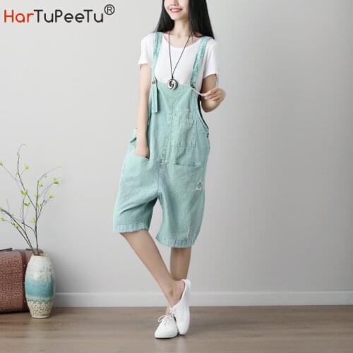Summer Thin Women Playsuit Loose Cotton Linen Ripped Rompers Korean Style Solid Plain Casual Knee Length Bib Pants with Pockets