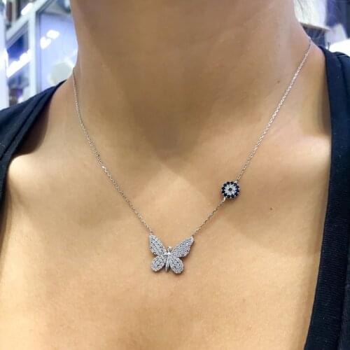 Tiny Butterfly Evil Eye Beads Silver Necklace