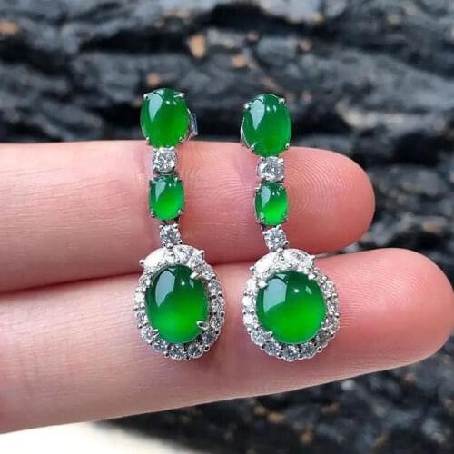 Natural Hetian Jasper Jadeite Oval Diamond Long Earrings Light Luxury Retro Charm Lady Chinese Style Silver Jewelry