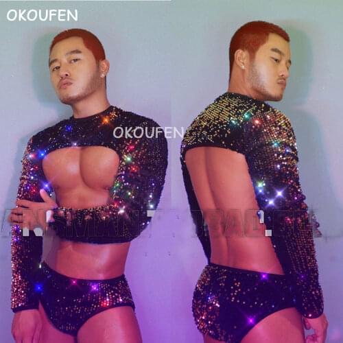 Nightclub bar male singer DS Costumes Sexy Sequins chest strap Party Theme performance costume Suit