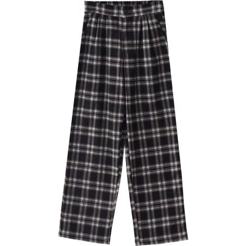 2021 Spring New Fashion Women Stylish High Waist Plaid Casual Pants Vintage Loose Wide Leg Trousers