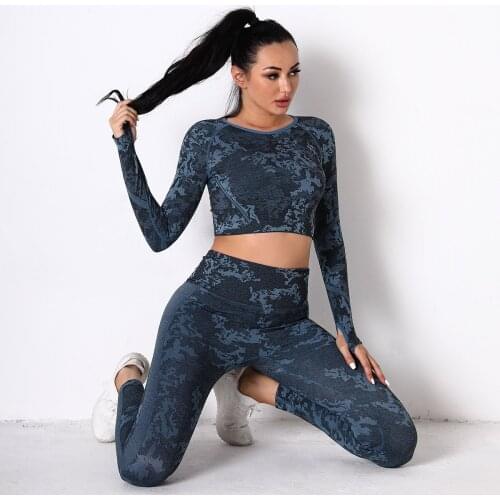 New Camouflage Yoga Set Women Seamless Sports Long Sleeve Gym Push Up High Waist Leggings Fitness Outdoor Clothes Workout Suit