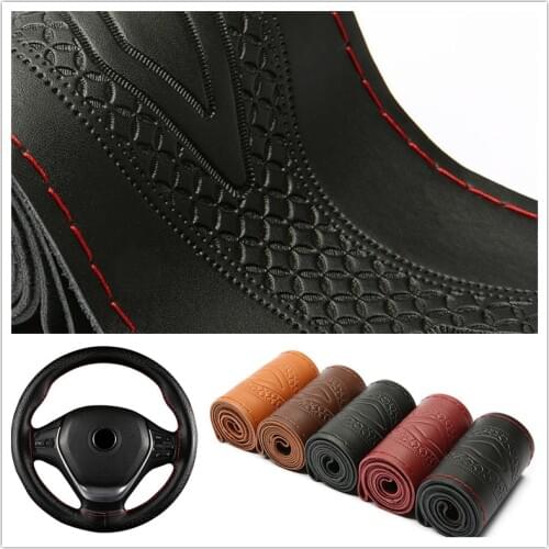 2019 Braid Genuine Leather Steering Wheel Cover Embossing Pattern Leather Braiding For Steering Wheel 38CM