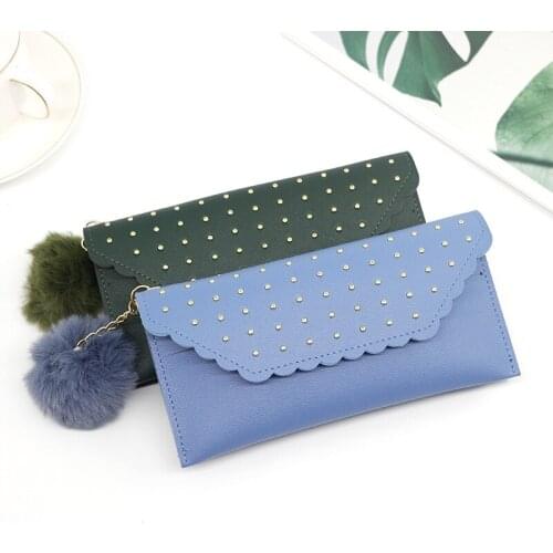 Wholesale New Womens Long Wallet Rivet Nail Solid Color Furry Ball Coin Purse Womens Handbag for wholesale