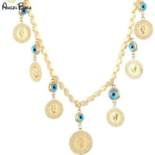 Original Design Muslim Demon Eye Necklace 4mm Diamond Chain Middle East 18K Gold Coin Necklace for Women Charm Jewelry Gift
