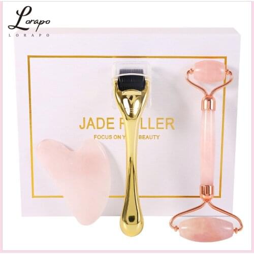 Rose Quartz Roller Facial Massager 100% Natural Stone Jade Roller Micro-needle Roller Jade Spatula Set Facial Skin Care Tool
