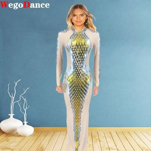 Sparkly Silver Gold Sequin Rhinestone Long Dress Evening Transparent Birthday Celebrate Outfit Women Dancer Club Dress