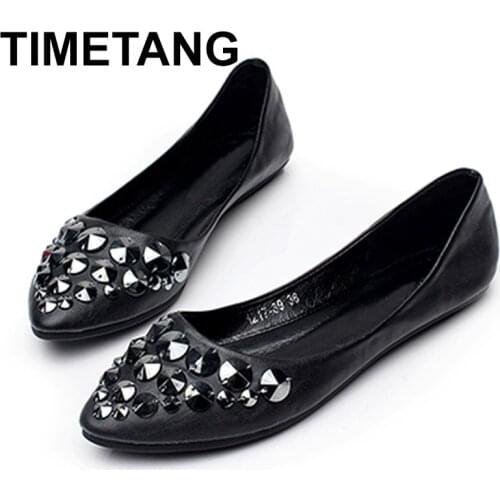 TIMETANGCrystal Flats Women Shoes Black Yellow PU Leather Rivets Casual Shoes Fashion Ladies SpringShoes Women Footwear Big Size