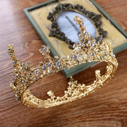 Dower me Gold Flower Crystal Bridal Round Tiara Vintage Wedding Crown Hair Accessories Baroque Jewelry Women Headpiece