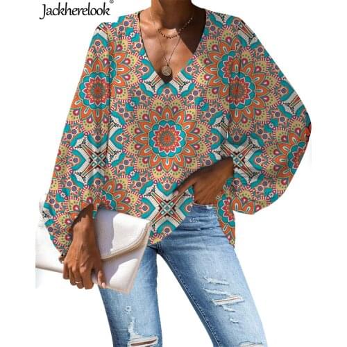 Jackherelook Bohemian Clothing Chiffon Blouse Women Top Shirts Casual Sexy V-neck Vintage Bohemia Floral Printing Blouses Female