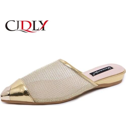CJDLY Pointed Toe Half Slippers Female Summer Wear 2020 Nnew Fashion Golden Cloth Mesh Flat Sandals Womens shoes Mules