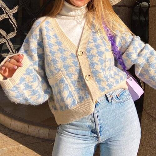 Cardigan for Women 2021 Antumn Fashion Houndstooth V-neck Knitted Sweater Cardigans Female Loose Casual Long Sleeve Top