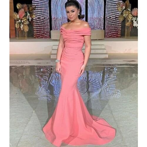 Vintage Satin Mermaid Coral Evening Dresses Zipper Back Off Shoulder Pleated Formal Floor Length Party Dress for Women