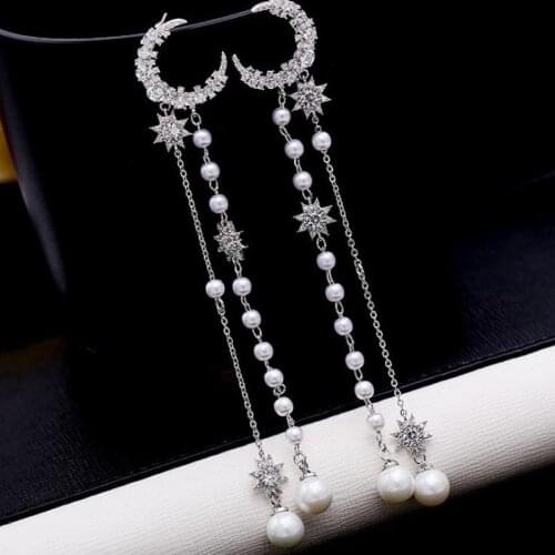 2021 needle star moon Tassel Earrings bridal Earrings Korean version long personalized artificial pearl earrings earrings