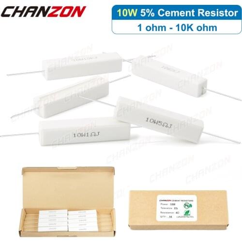 10 Pcs 10W Cement Resistor 1 2 4 5 8 15 20 25 100 250 1K 10K ohm Ceramic Wirewound Resistors SQP10W 10Watt 5ohm Fixed Resistance