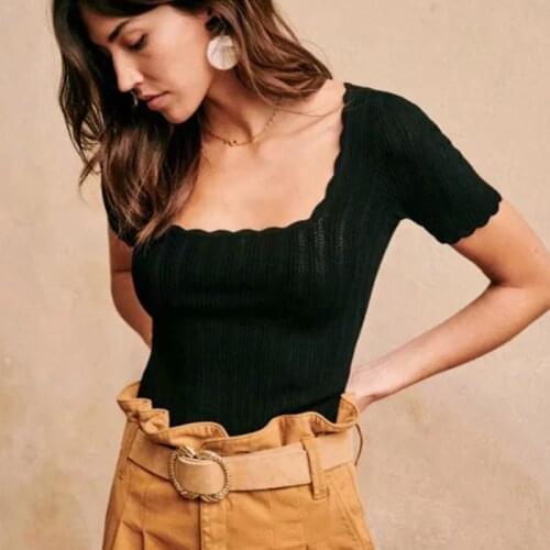 WOMENGAGA Women Square Neck Pretty Stitch Short Sleeve Knit Top Pointelle Knit Top With Wave Trim tees short lace tops 4PC3