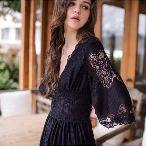 EFIOLY Night Dress Vintage Nightgowns V-neck Ladies Dresses Princess White Sleepwear Lace Home Dress Long Nightwear Outwear