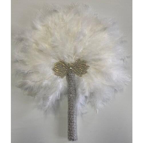 ESEWING 1Pc/bag 2021 New style Double-Side African Soft Feather Hand Fan and Gold Handle Dance Fans for Party Or Wedding