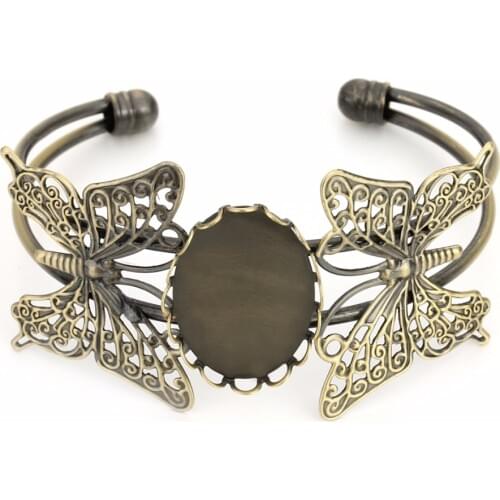 DIY Bracelet Findings Antique Bronze Copper Blank Settings Bezel Tray Double Butterfly Bracelet Base Fit 18*25mm Cabochon Cameo