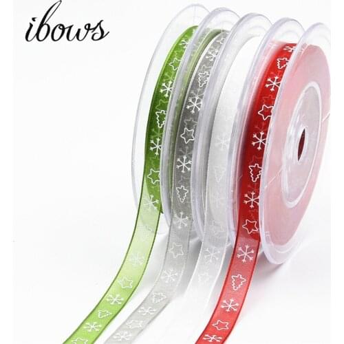 IBOWS 10meter 10mm Christmas Ribbon White Snowflake Organza Ribbon DIY Bownot Gift Wrapping Party Christmas Ribbons Decoration