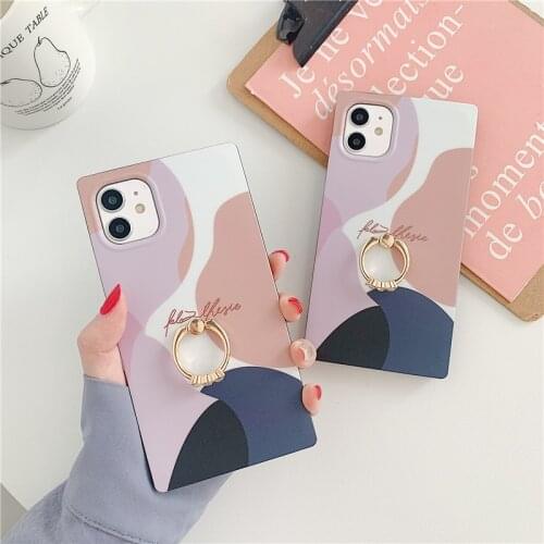 Marble Abstract Graffiti Cover Women Girls Lady Square Shape Mobile Phone Case With Ring For iPhone 12 11 Pro Max XR Xs 7 8 Plus