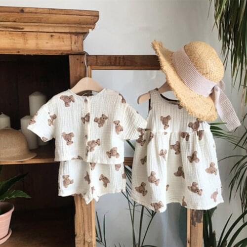 2021 Summer New Cute Bear Print Baby Boy Short Sleeve Clothes Set Children Cotton Linen Cardigan + Shorts Loose 2pcs Casual Suit