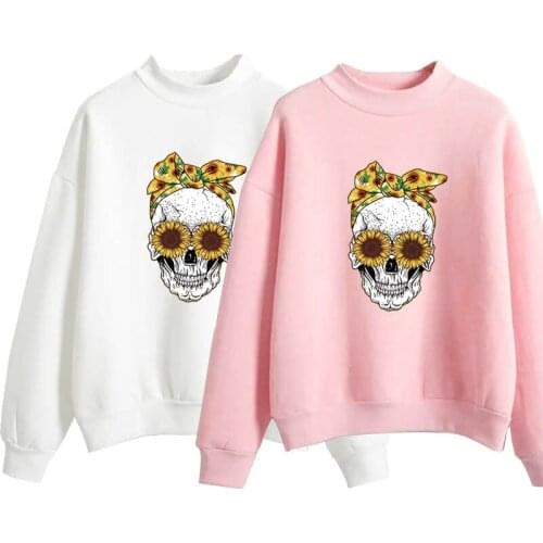 New Style for Autumn and Winter Candy Color Lovers Chrysanthemum Skull Print Pattern All-match Cool Collar Coat