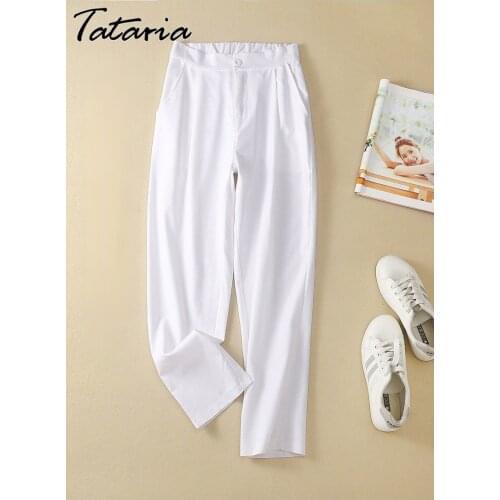 Autumn Pure Linen Cotton Pants for Womens Pants Capri Casual Waisted Classic Pencil Pants Soft Gril White Calf-length Trousers