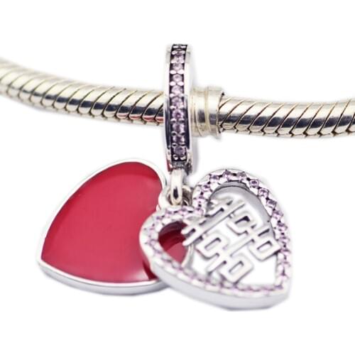 Fits PANDORA Bracelet Charms Beads for Jewelry Making Double Happiness Heart Hanging Charms 925 Sterling Silver Jewelry QANDOCCI